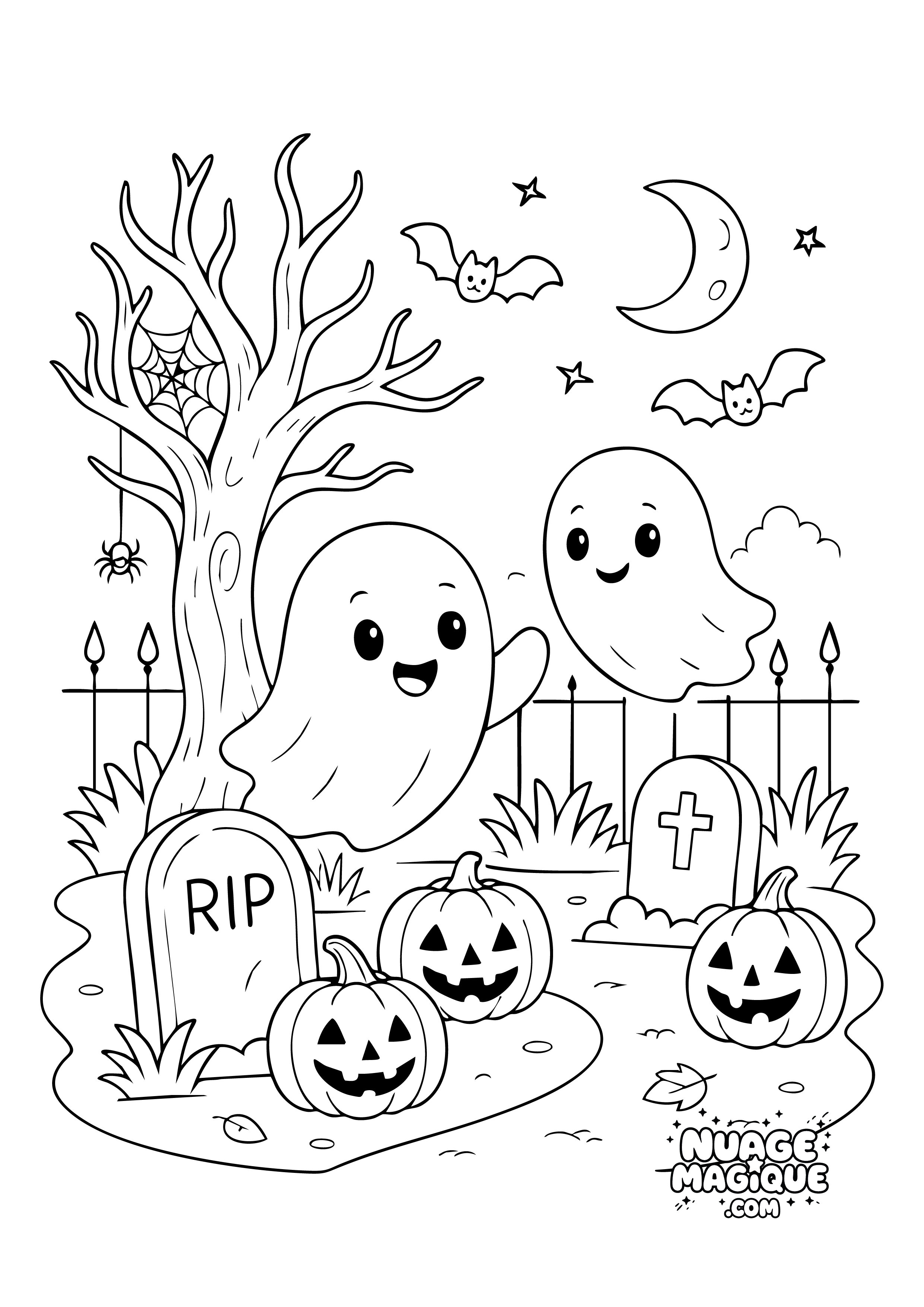 Coloriage Halloween Les fantômes du cimetière à imprimer ou à colorier en ligne
