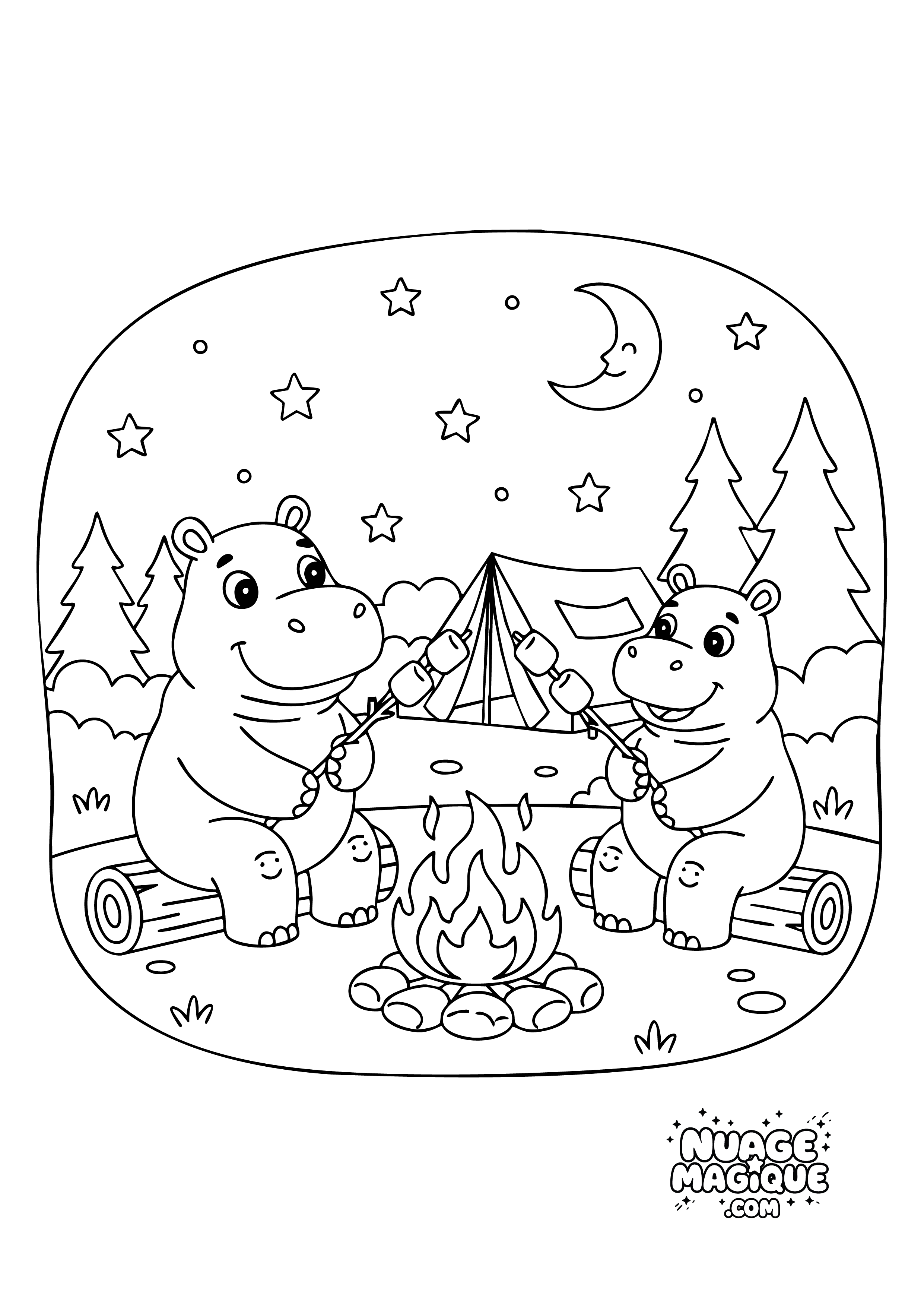 Coloriage Hippopotames au camping Guimauves sous les etoiles à imprimer ou à colorier en ligne