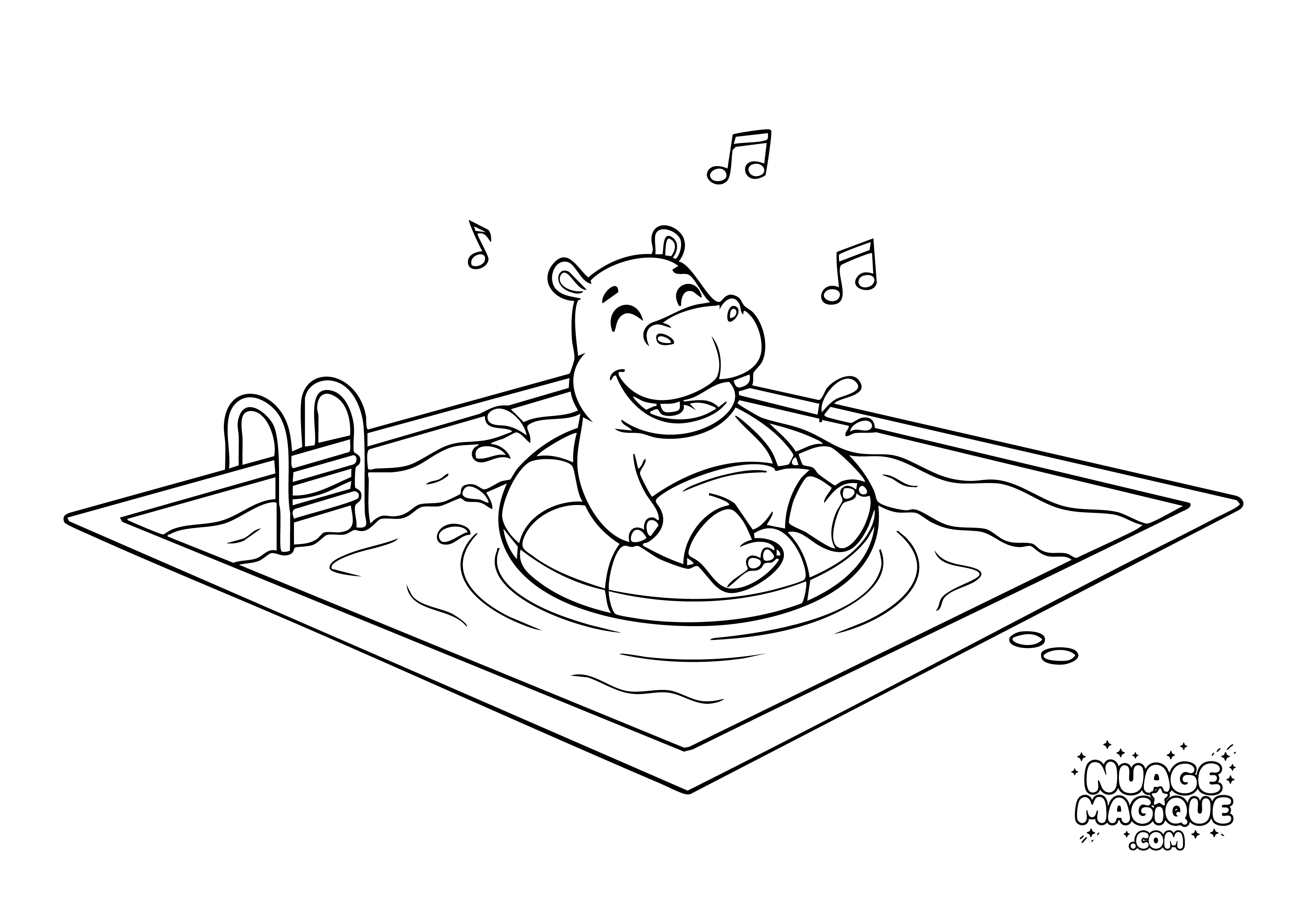 Coloriage Hippopotames au camping Hippo à la piscine à imprimer ou à colorier en ligne