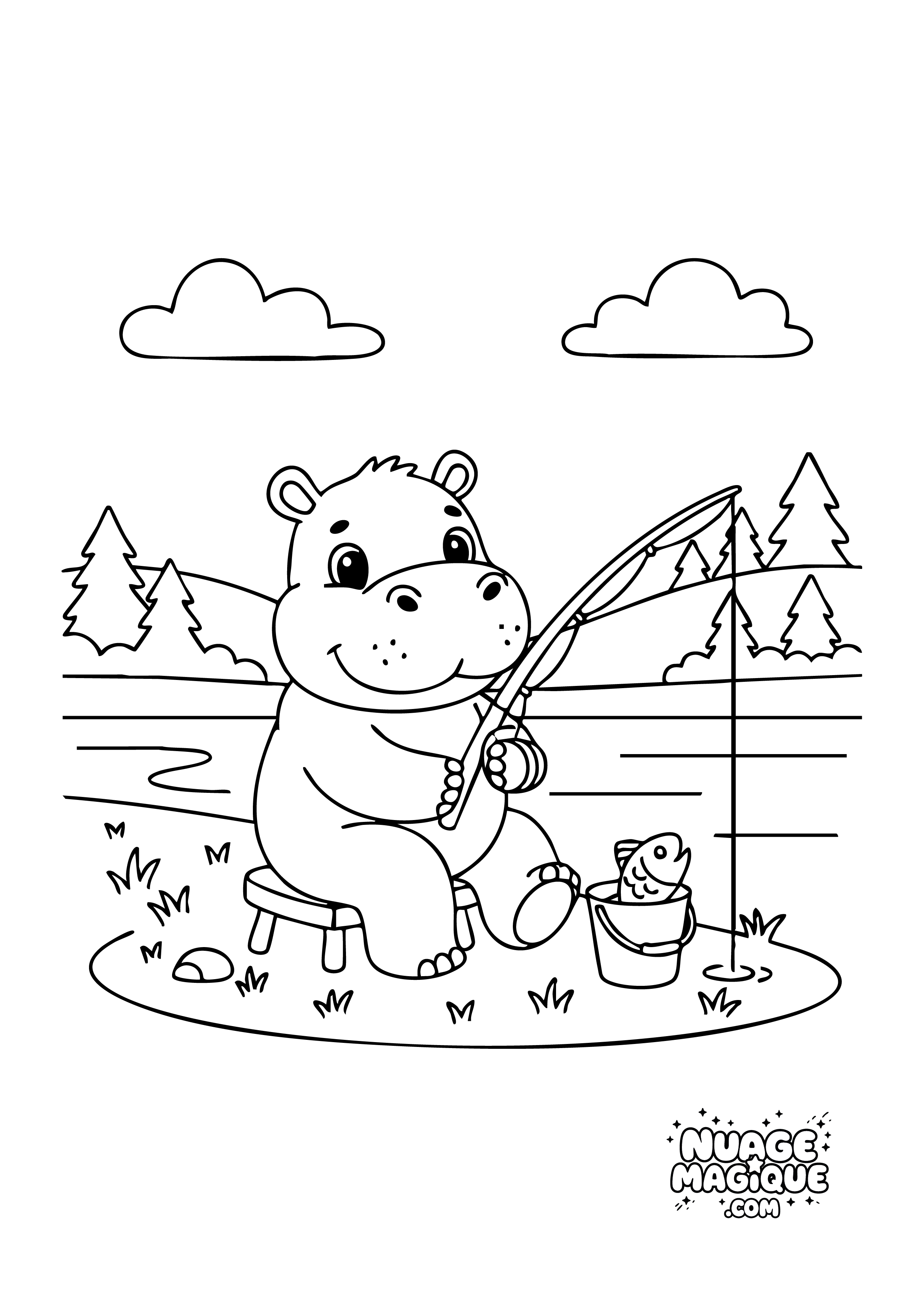 Coloriage Hippopotames au camping La peche à imprimer ou à colorier en ligne
