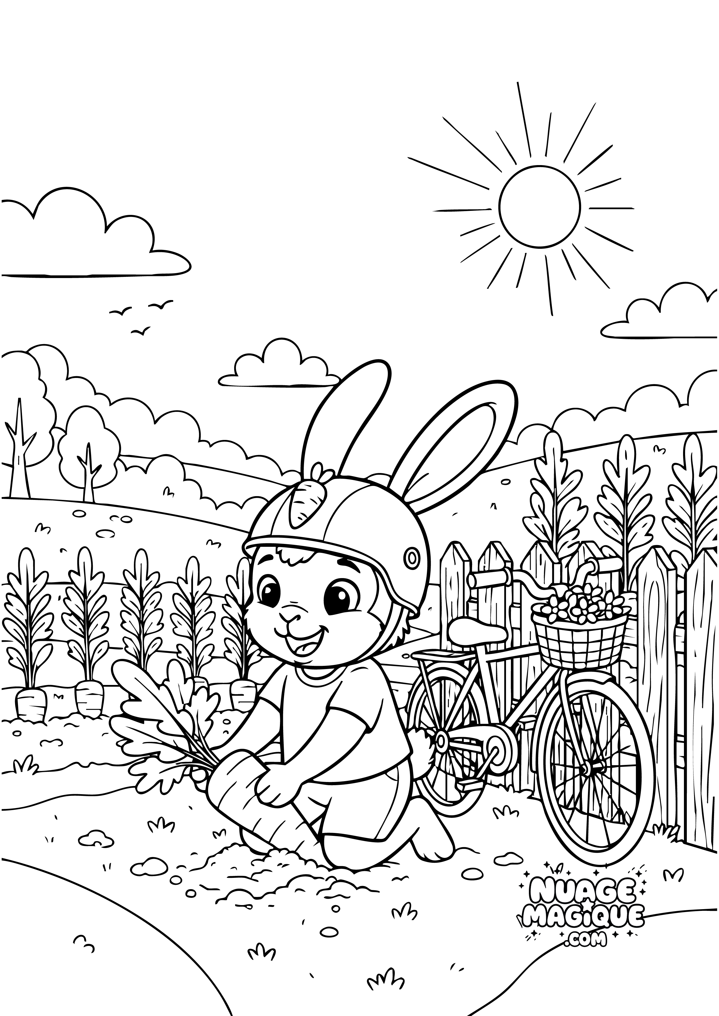 Coloriage Objectif Carottes, le lapin à velo La recolte à imprimer ou à colorier en ligne