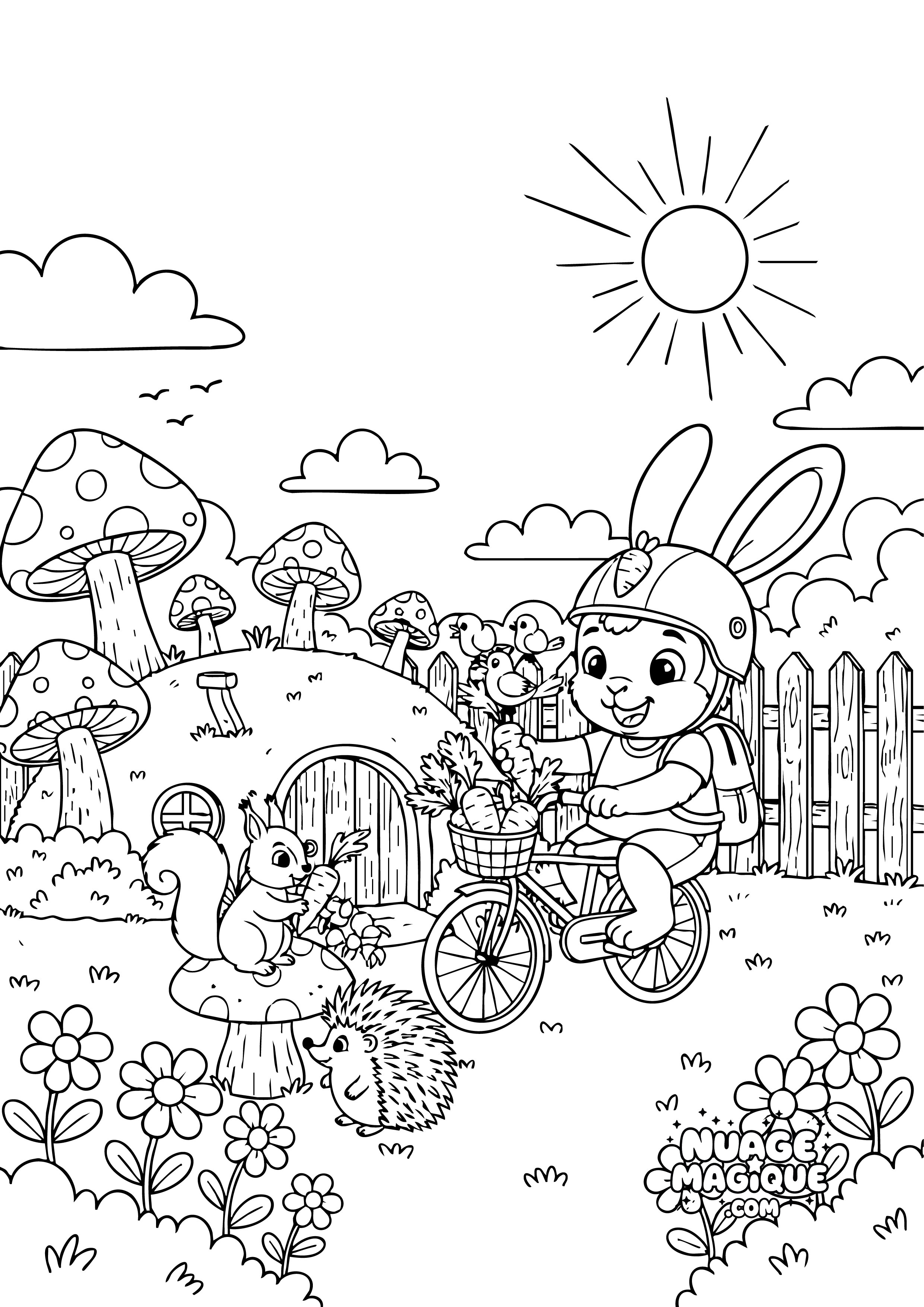 Coloriage Objectif Carottes, le lapin à velo Le partage du festin à imprimer ou à colorier en ligne