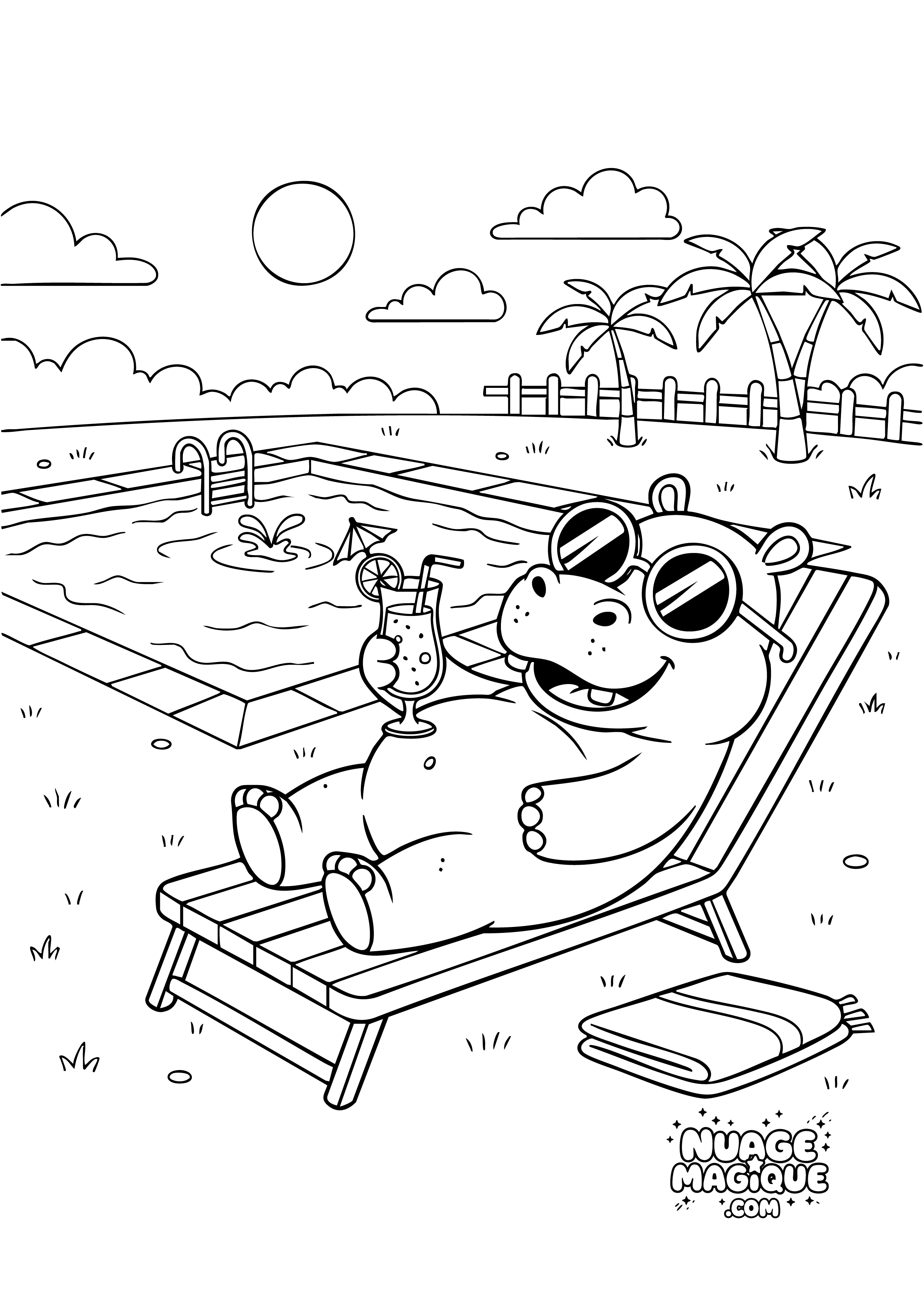 Coloriage Hippopotames au camping L'heure du cocktail à imprimer ou à colorier en ligne