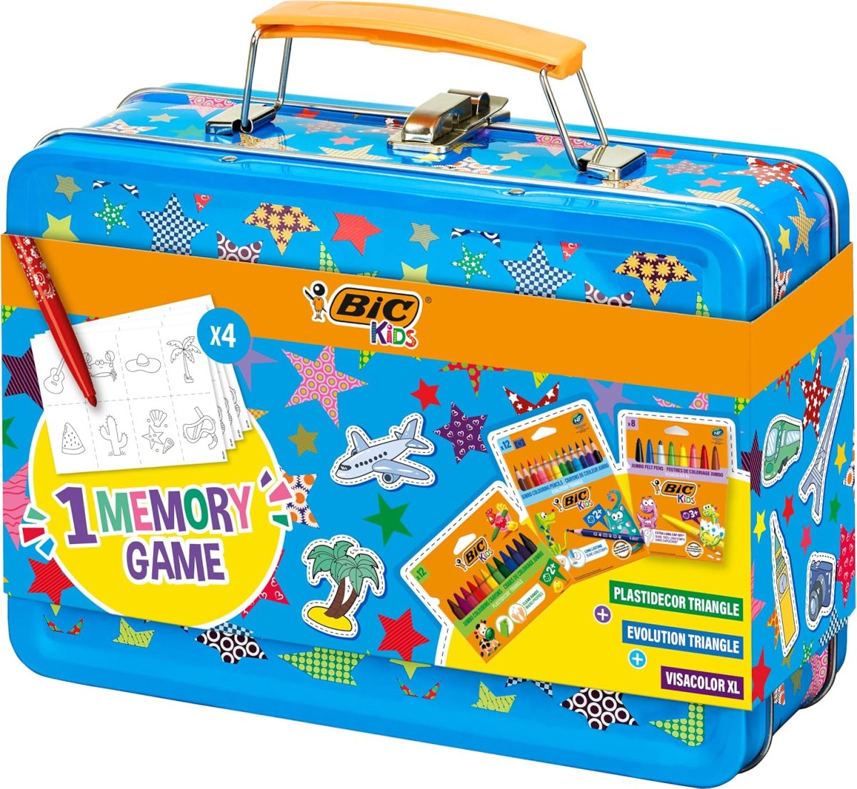 BIC Kids Valise de voyage Memory : Crayons de couleur, Craies, Stylos feutres, 32 pièces Jeu Memory - Couleurs assorties, lot de 64