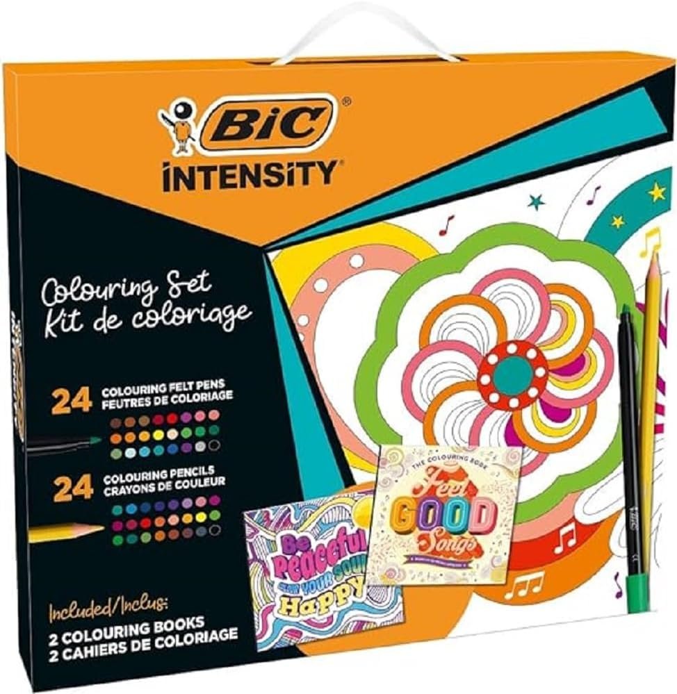 BIC Kit de coloriage Intensity avec feutres, crayons de couleur et livres de coloriage : Be Peaceful: Colour Your Soul Happy et Feel-Good Songs - Couleurs assorties, kit de 50 pièces