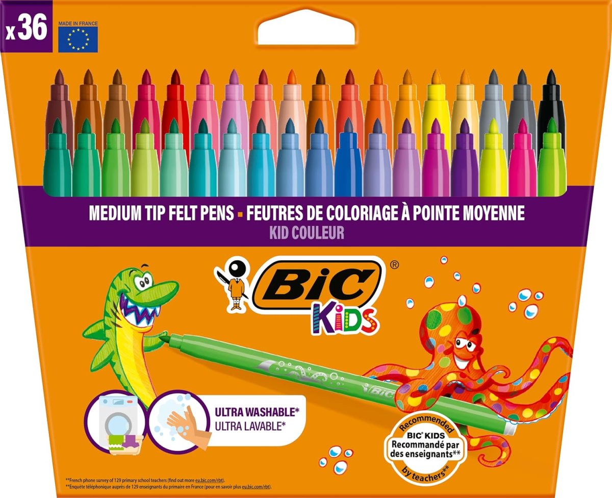 BIC Kids - Feutres de Coloriage Lavables à Pointe Moyenne - Couleurs Assorties, Etui Carton de 36